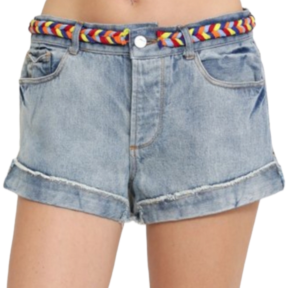 NEW SANS SOUCI Rainbow Braid Belt Raw Fold Hem Denim Shorts Large